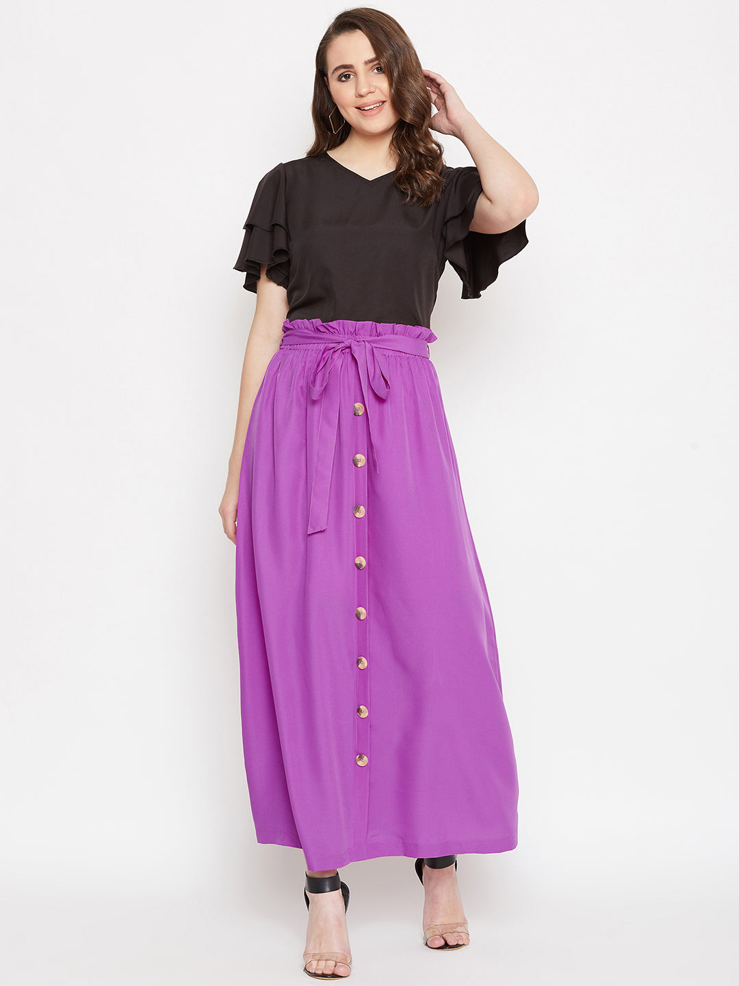 V Neck Top Front Button Skirt Set BITTERLIME