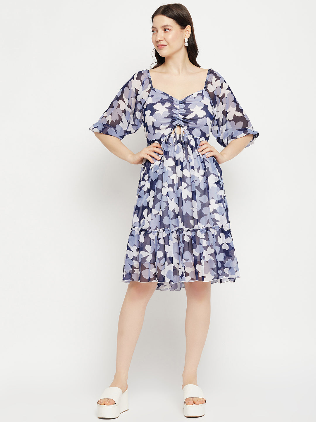 Floral Printed Tie-Ups Detail Georgette Fit & Flare Dress