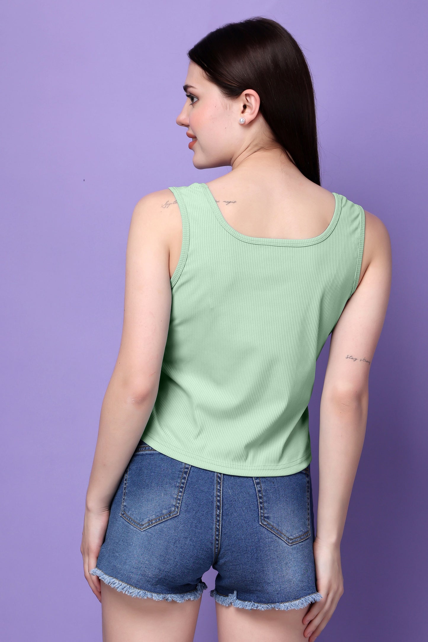 Pista Green Sleeveless Solid Cotton Top