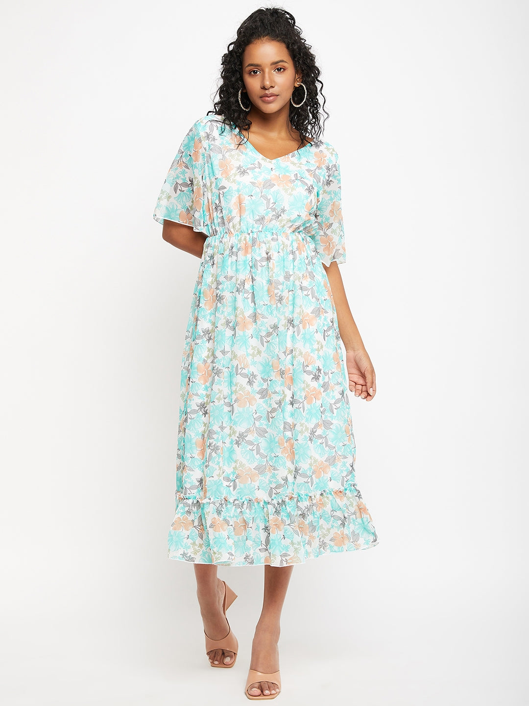 Floral Printed V-Neck Flared Sleeves Flounce Fit & Flare Midi Dress