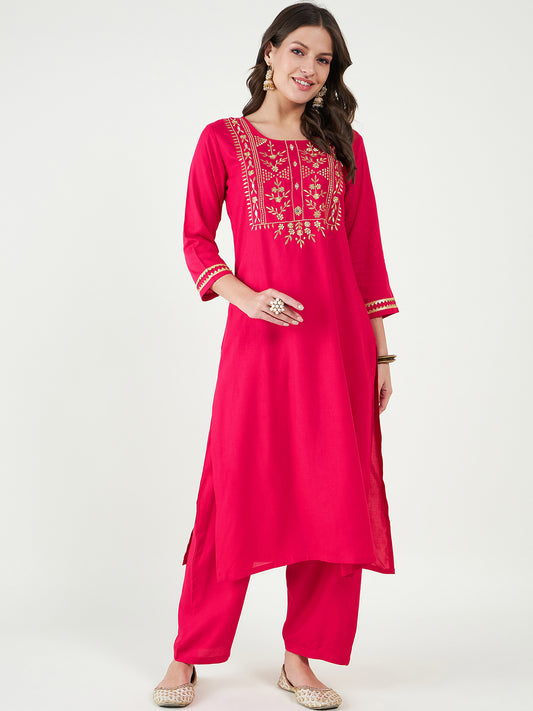 Ethnic Motifs Embroidered Yoke Design Kurta With Trousers