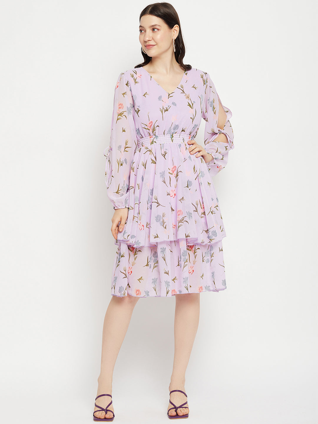 Floral Printed Puff Sleeves Fringed Layered Fit & Flare Dress