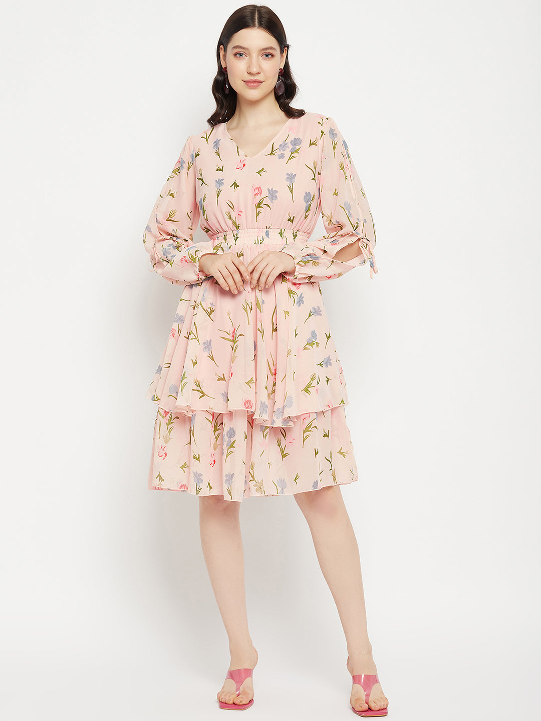 Floral Printed Puff Sleeves Fringed Layered Fit & Flare Dress