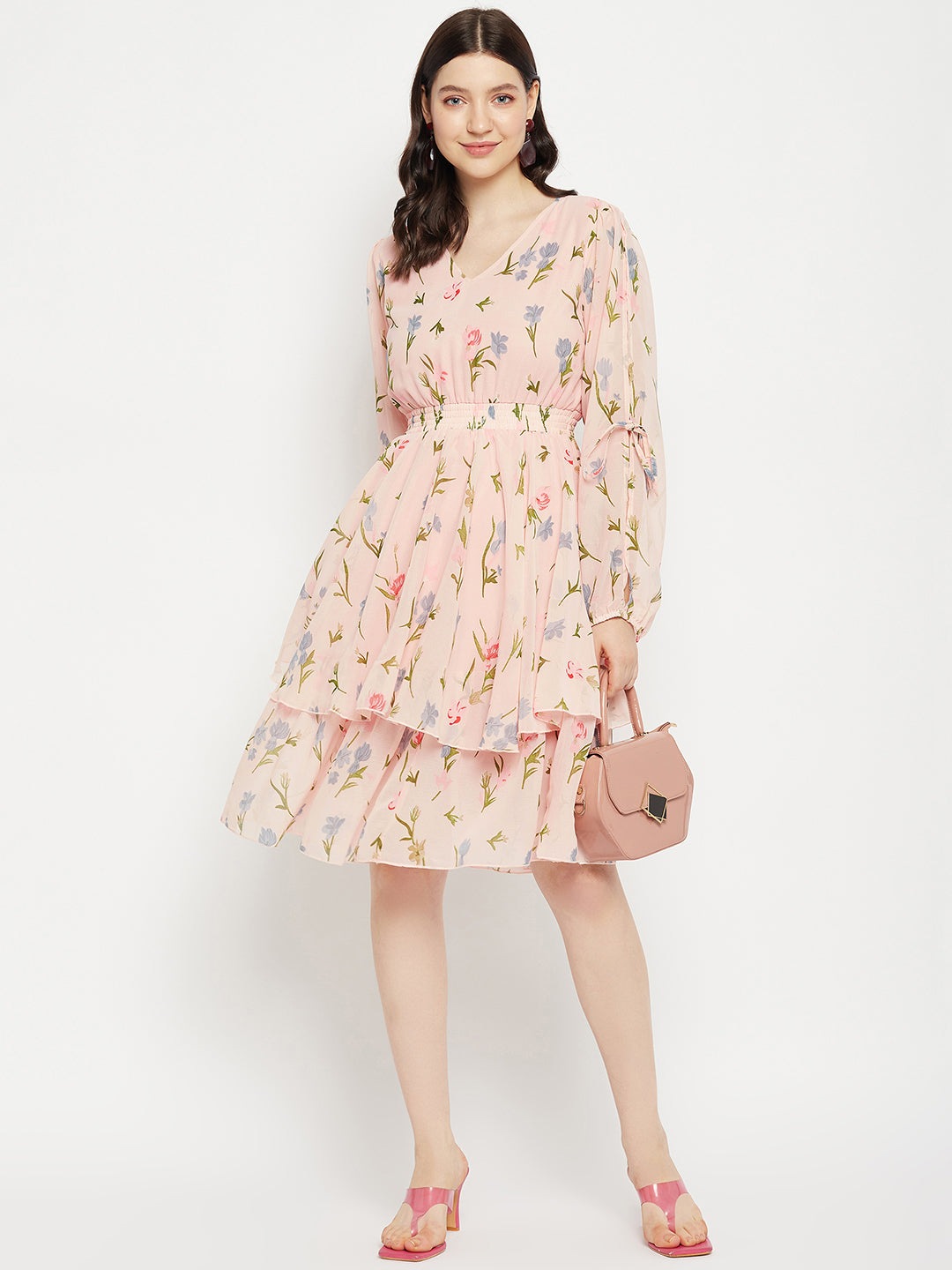 Floral Printed Puff Sleeves Fringed Layered Fit & Flare Dress