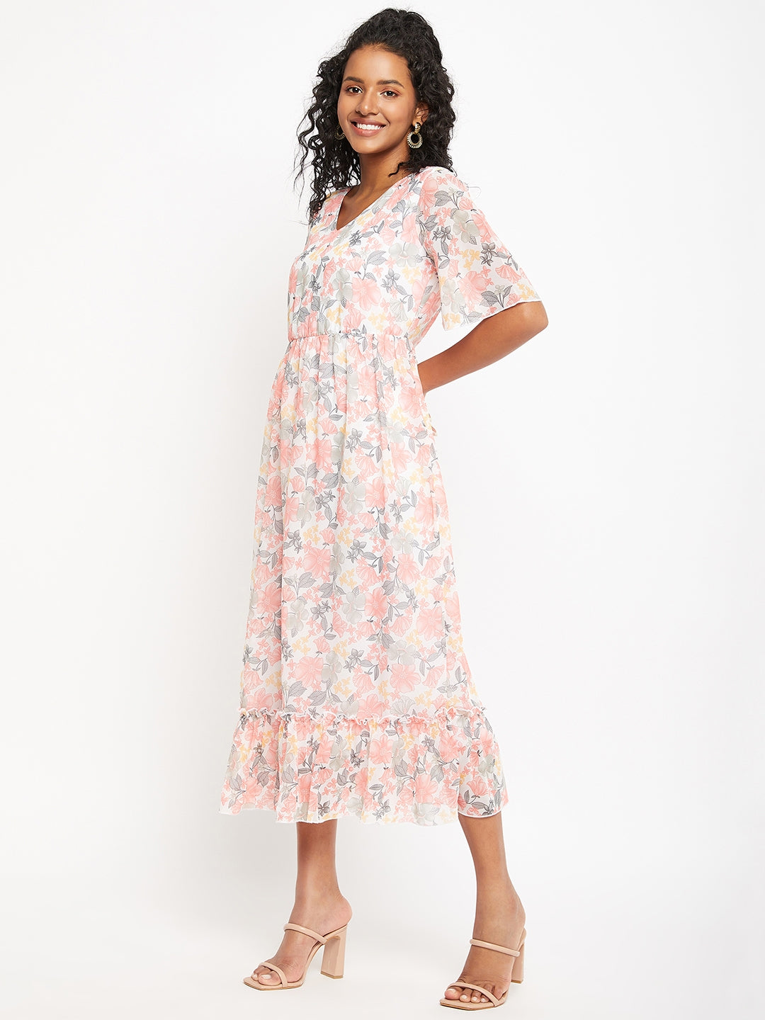 Floral Printed V-Neck Flared Sleeves Flounce Fit & Flare Midi Dress