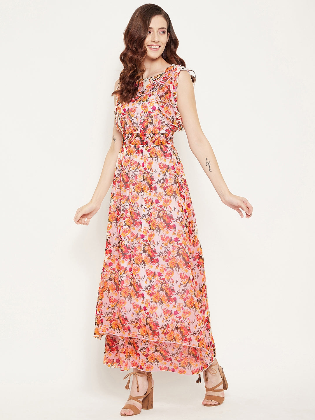 White Georgette Floral  Printed Double Layered Maxi Dress