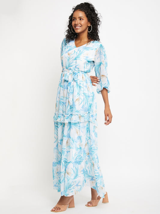 White & Blue Tropical Print  Maxi Dress