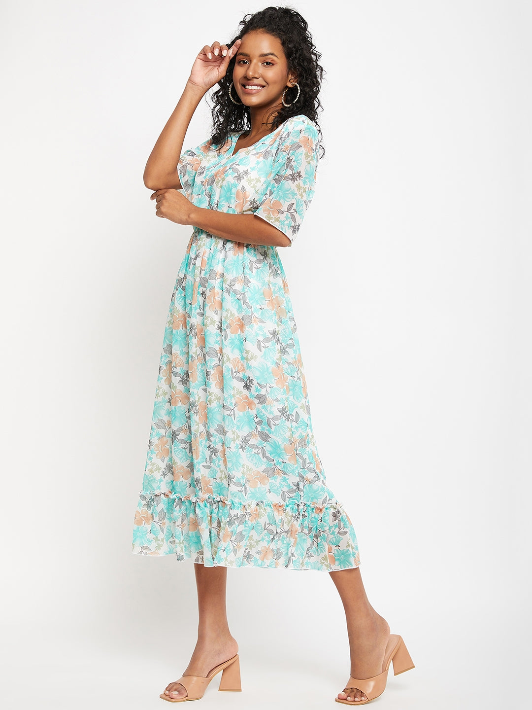 Floral Printed V-Neck Flared Sleeves Flounce Fit & Flare Midi Dress