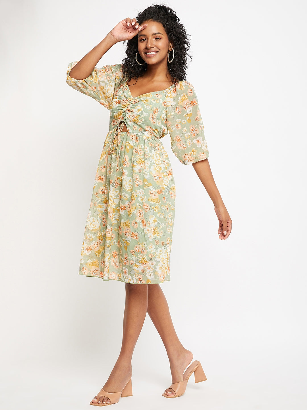 Floral Printed Tie-Ups Detail Georgette Fit & Flare Dress