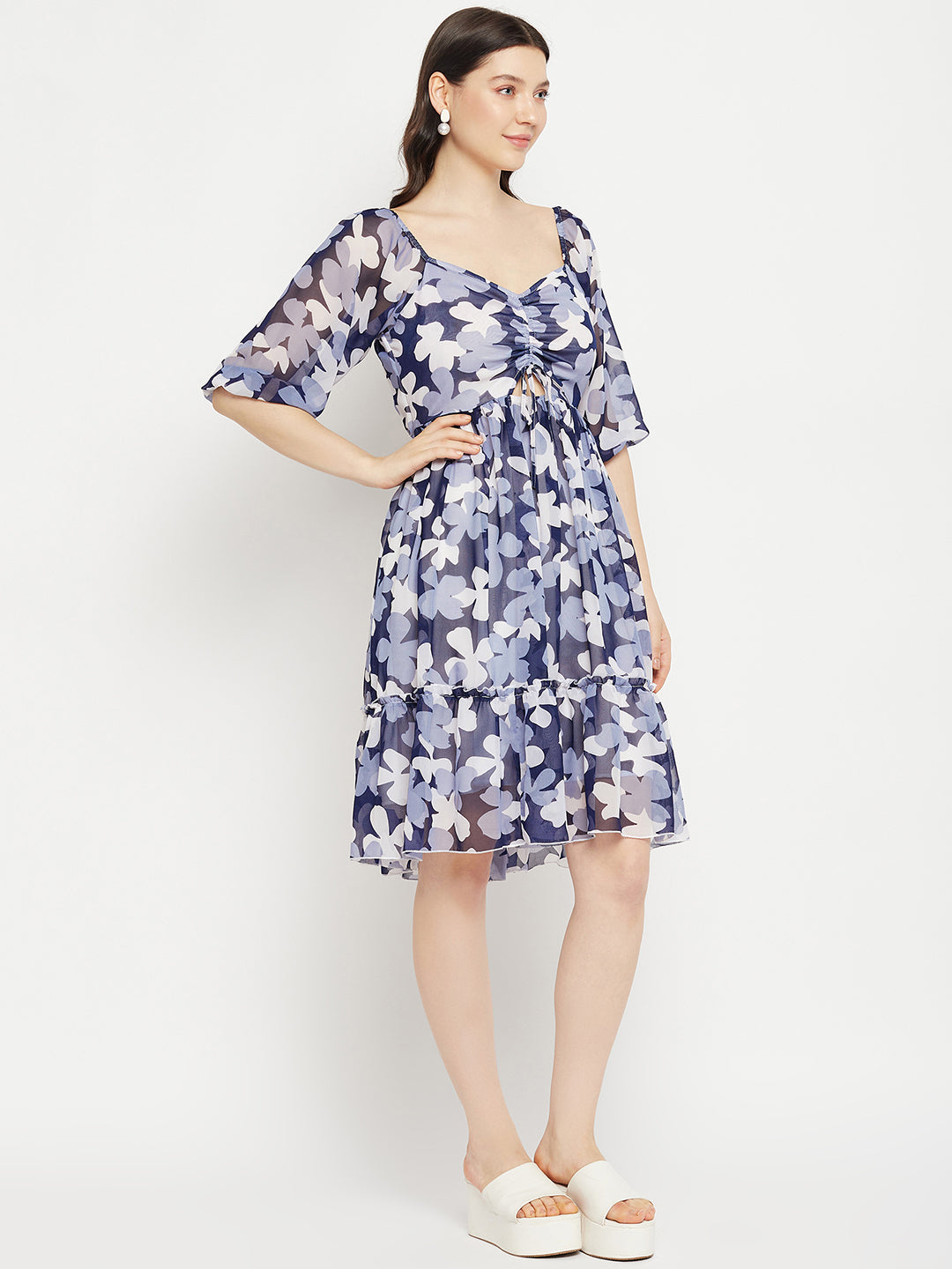 Floral Printed Tie-Ups Detail Georgette Fit & Flare Dress