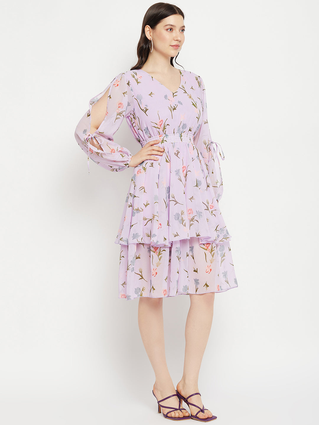 Floral Printed Puff Sleeves Fringed Layered Fit & Flare Dress