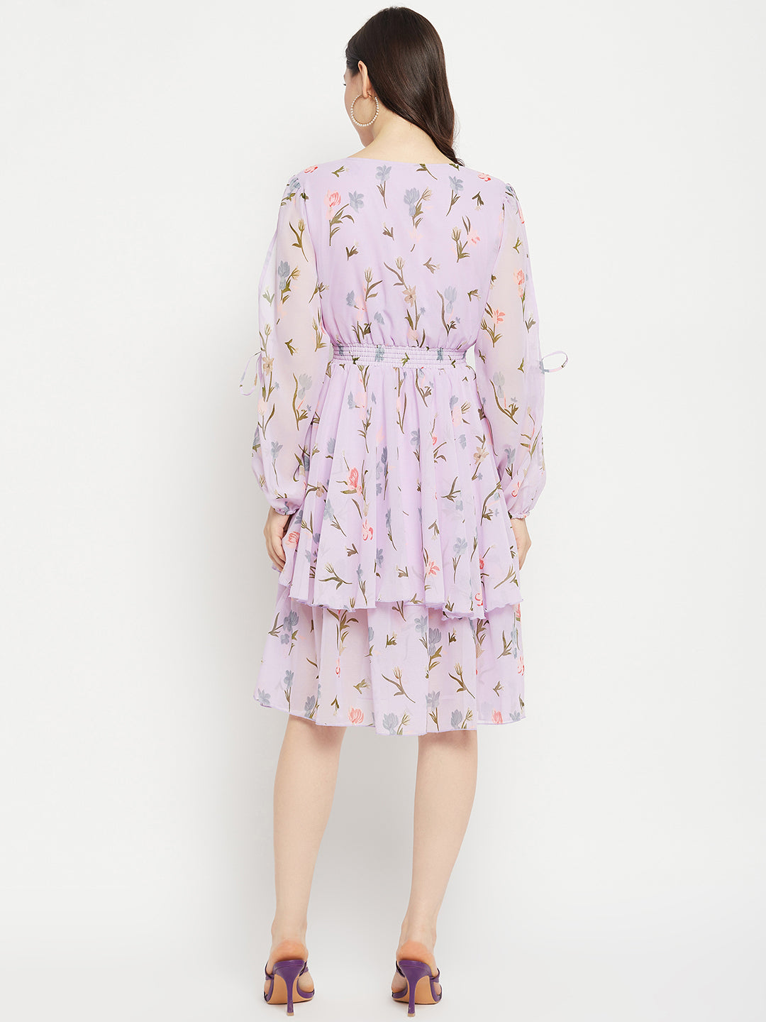 Floral Printed Puff Sleeves Fringed Layered Fit & Flare Dress