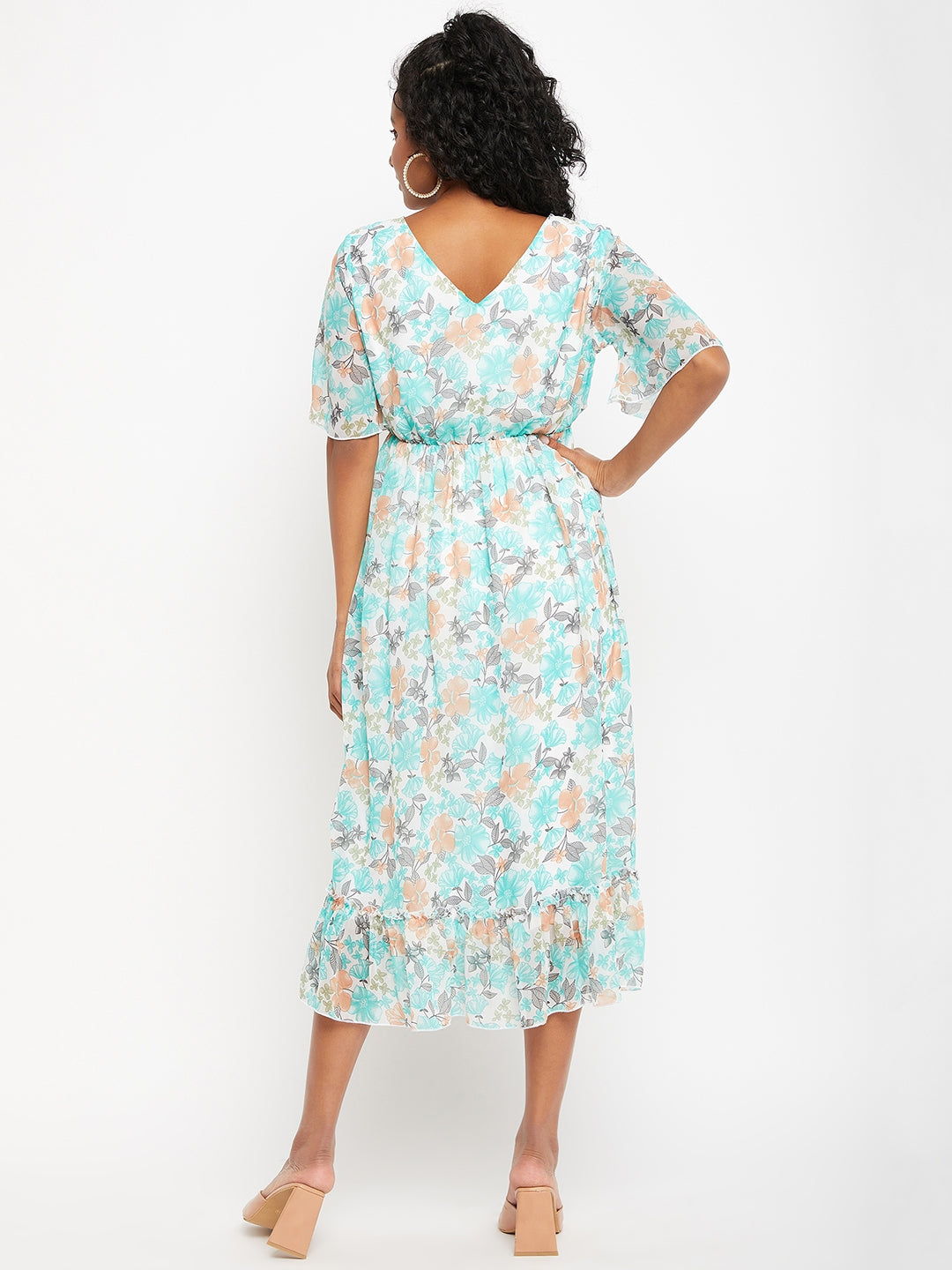 Floral Printed V-Neck Flared Sleeves Flounce Fit & Flare Midi Dress