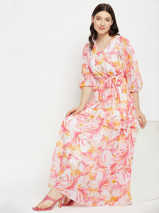 White & Red Tropical Print  Maxi Dress