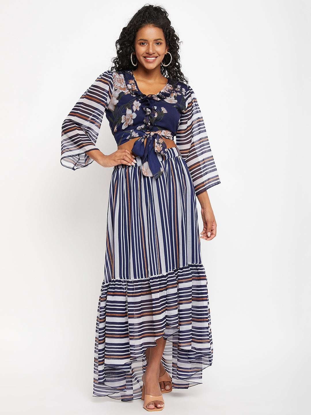 Floral Print Flared Sleeve Georgette Maxi Longline Top