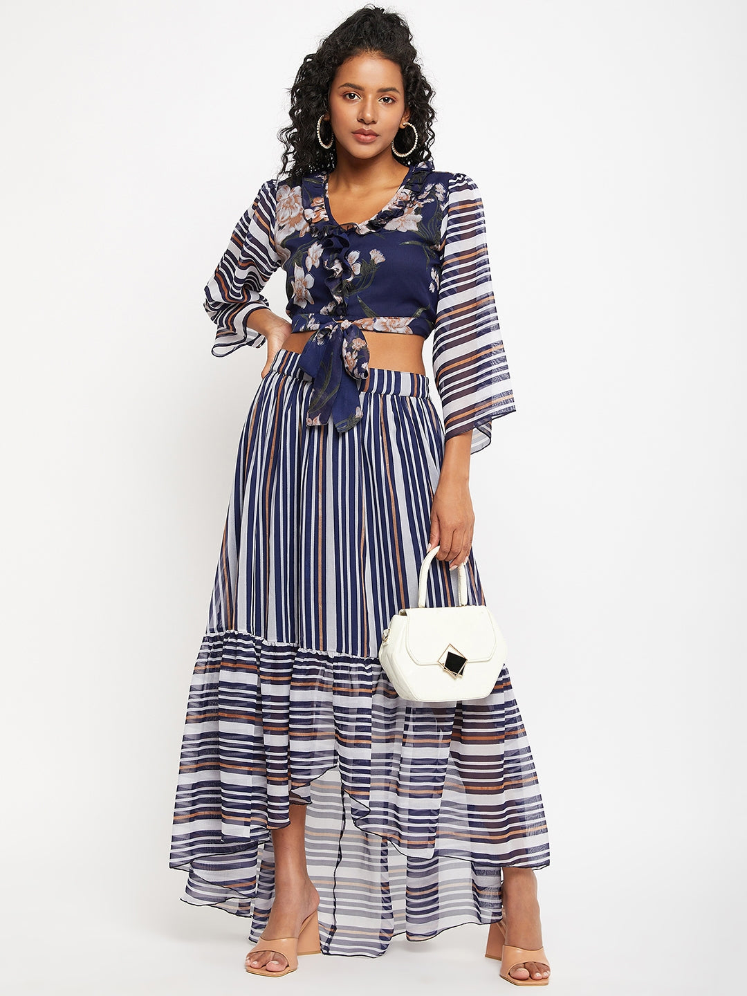 Floral Print Flared Sleeve Georgette Maxi Longline Top