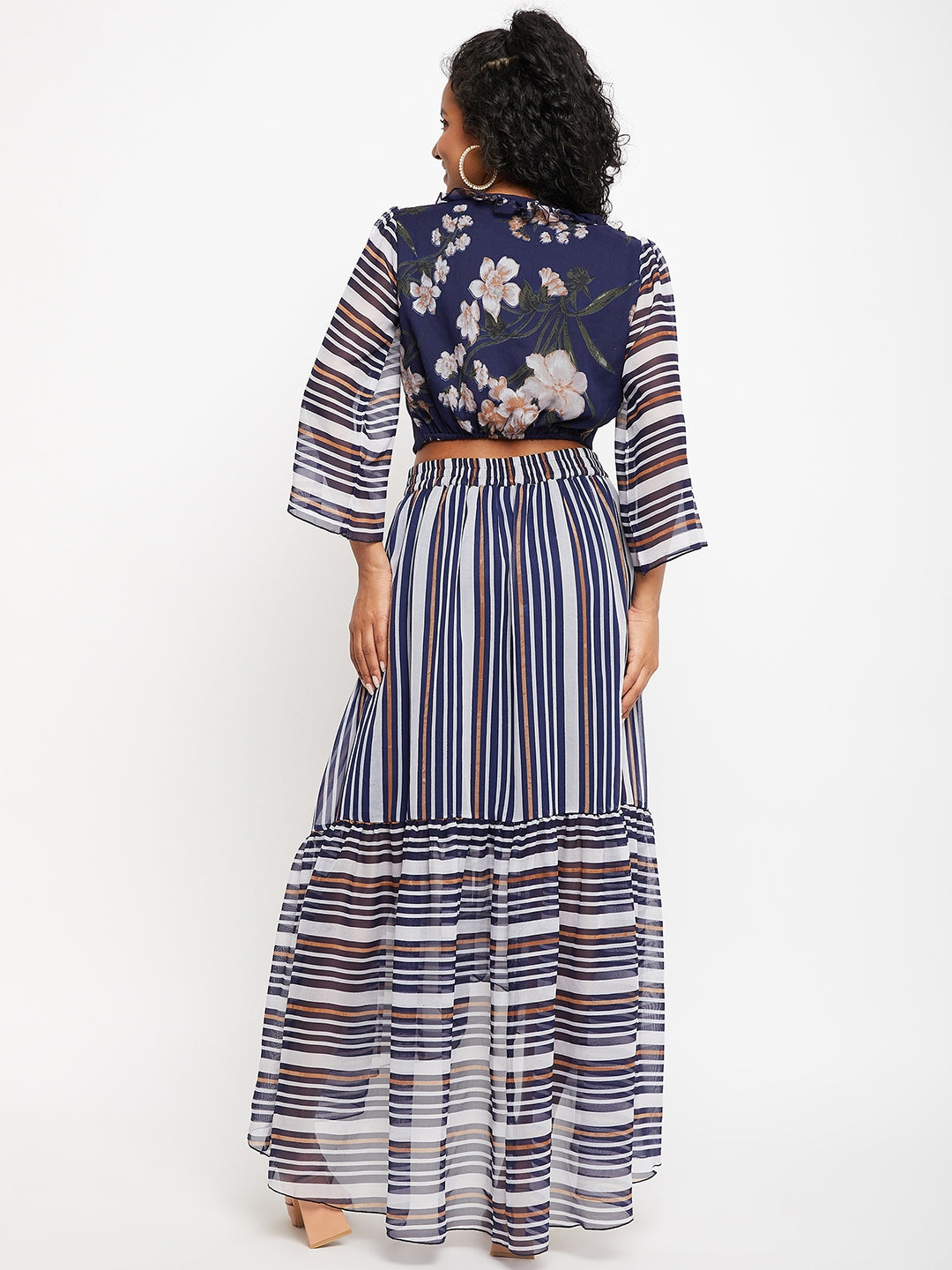 Floral Print Flared Sleeve Georgette Maxi Longline Top