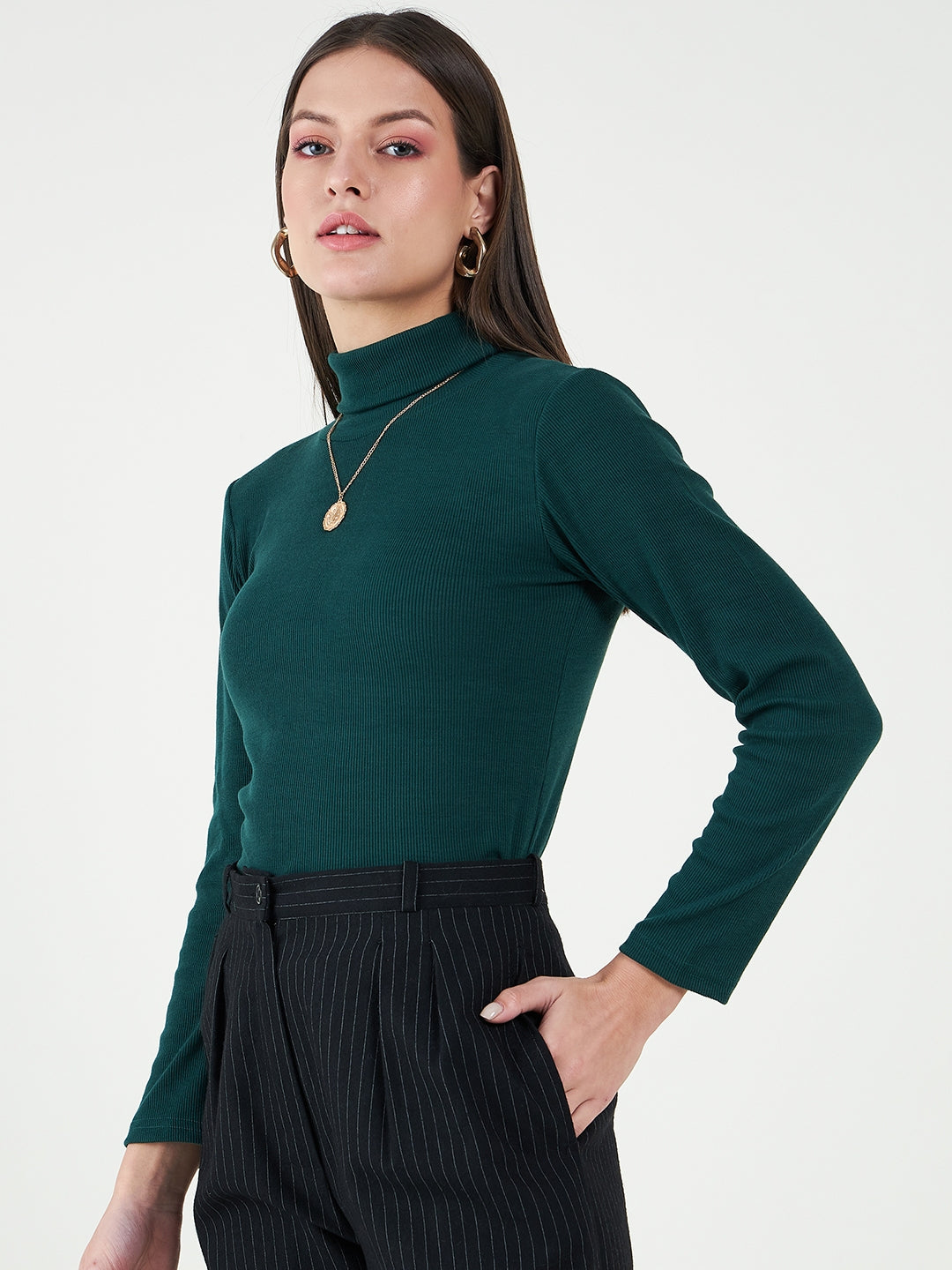 Green Turtle Neck Cotton Fitted Top