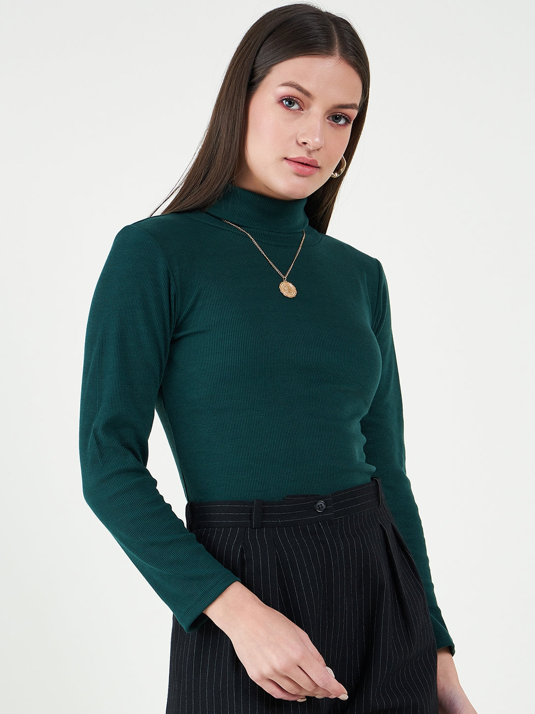 Green Turtle Neck Cotton Fitted Top