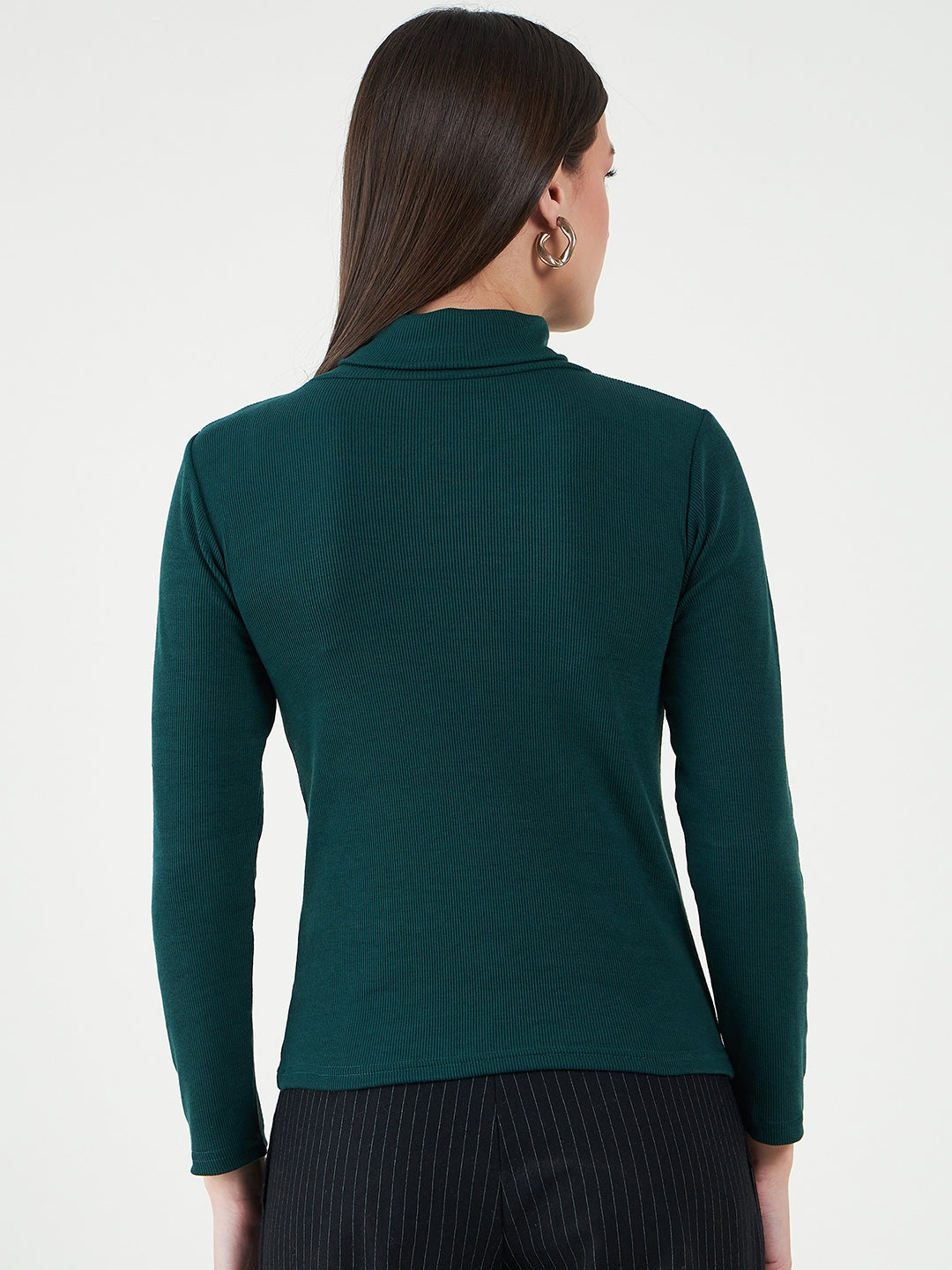 Green Turtle Neck Cotton Fitted Top