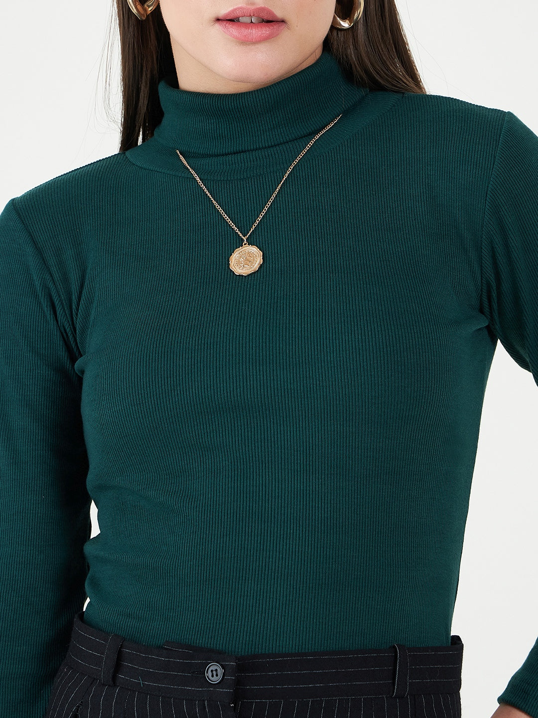 Green Turtle Neck Cotton Fitted Top