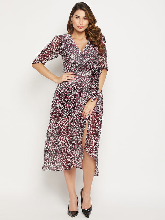 Animal Print Georgette Wrap Midi Dress