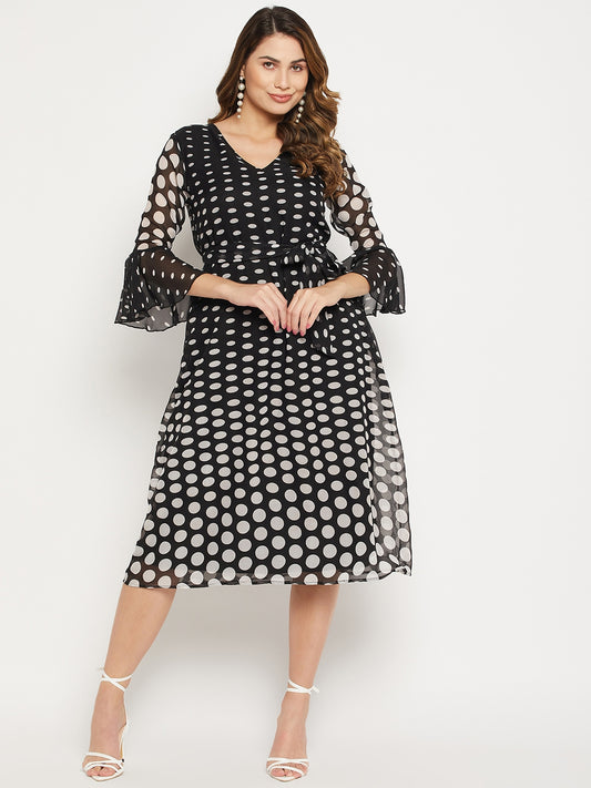 Polka Dots Printed Tie-Up Detail Belted Georgette A-Line Midi Dress