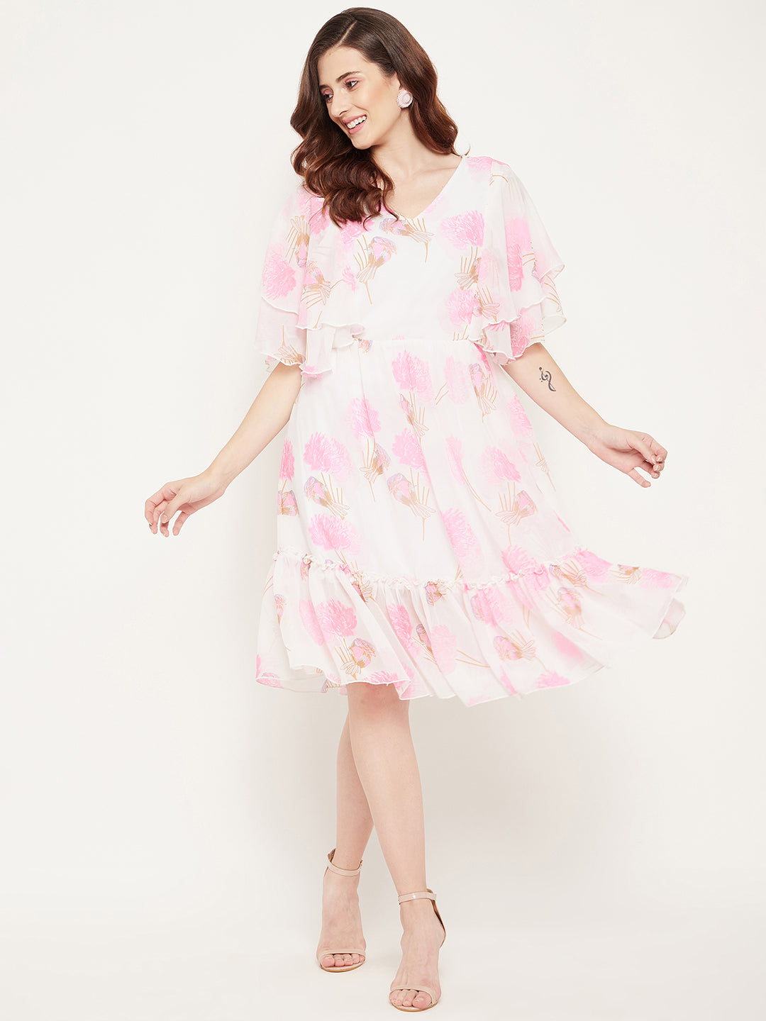 White & Pink Floral Georgette Dress - BITTERLIME