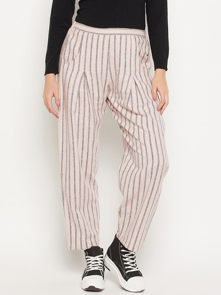 Women Striped Relaxed Flared Wrinkle Free Cotton Trousers - BITTERLIME