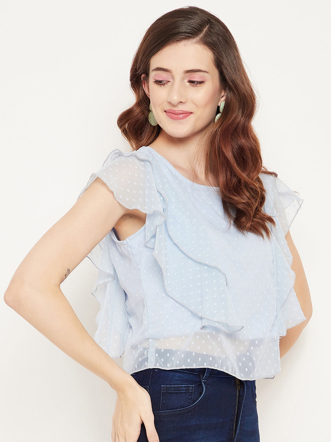 Casual Flared Sleeves Self Design Women Blue Top