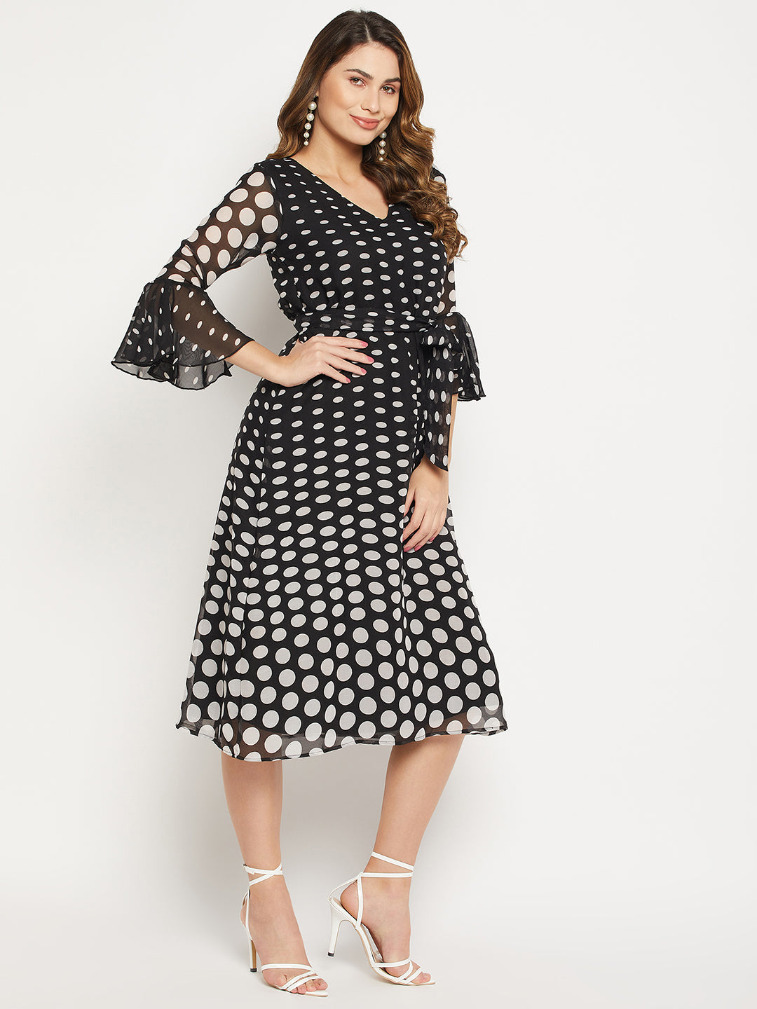 Polka Dots Printed Tie-Up Detail Belted Georgette A-Line Midi Dress