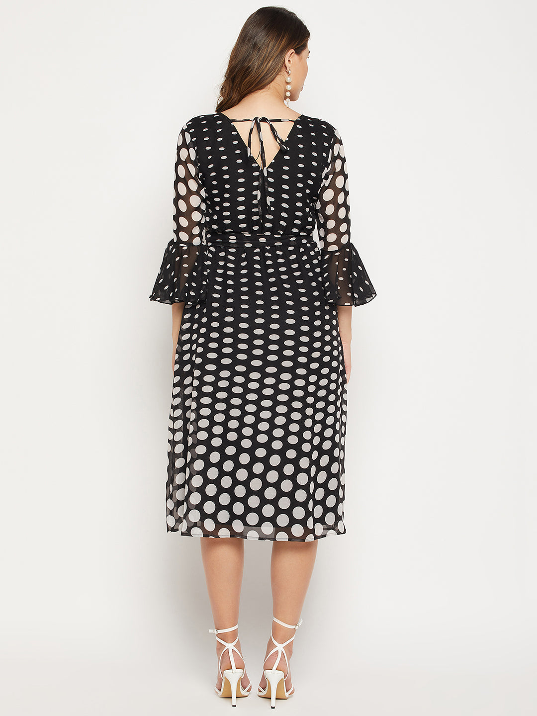 Polka Dots Printed Tie-Up Detail Belted Georgette A-Line Midi Dress