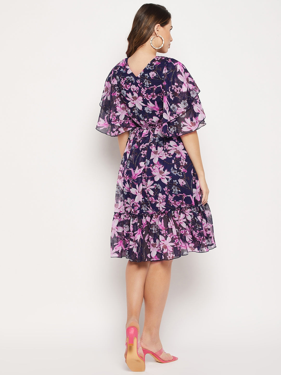 Floral Printed V Neck Fit And Flare Dress