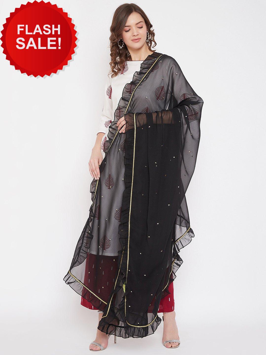 Black Georgette Hand Sequinned Ruffled Dupatta (SKU-BLJM21SP38).