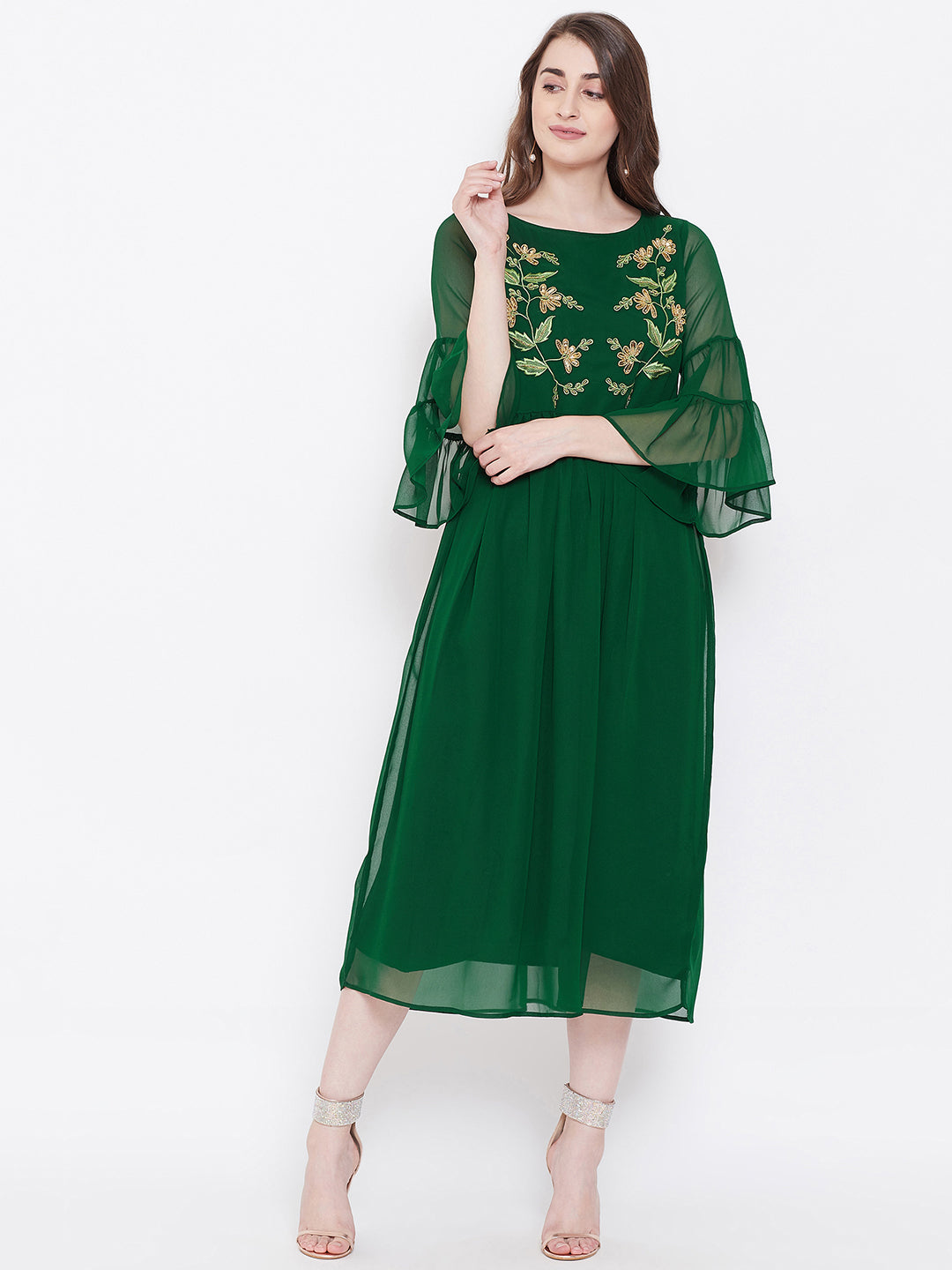 Green Hand Sequinced Gather Dress( Sku- BLJM9921).