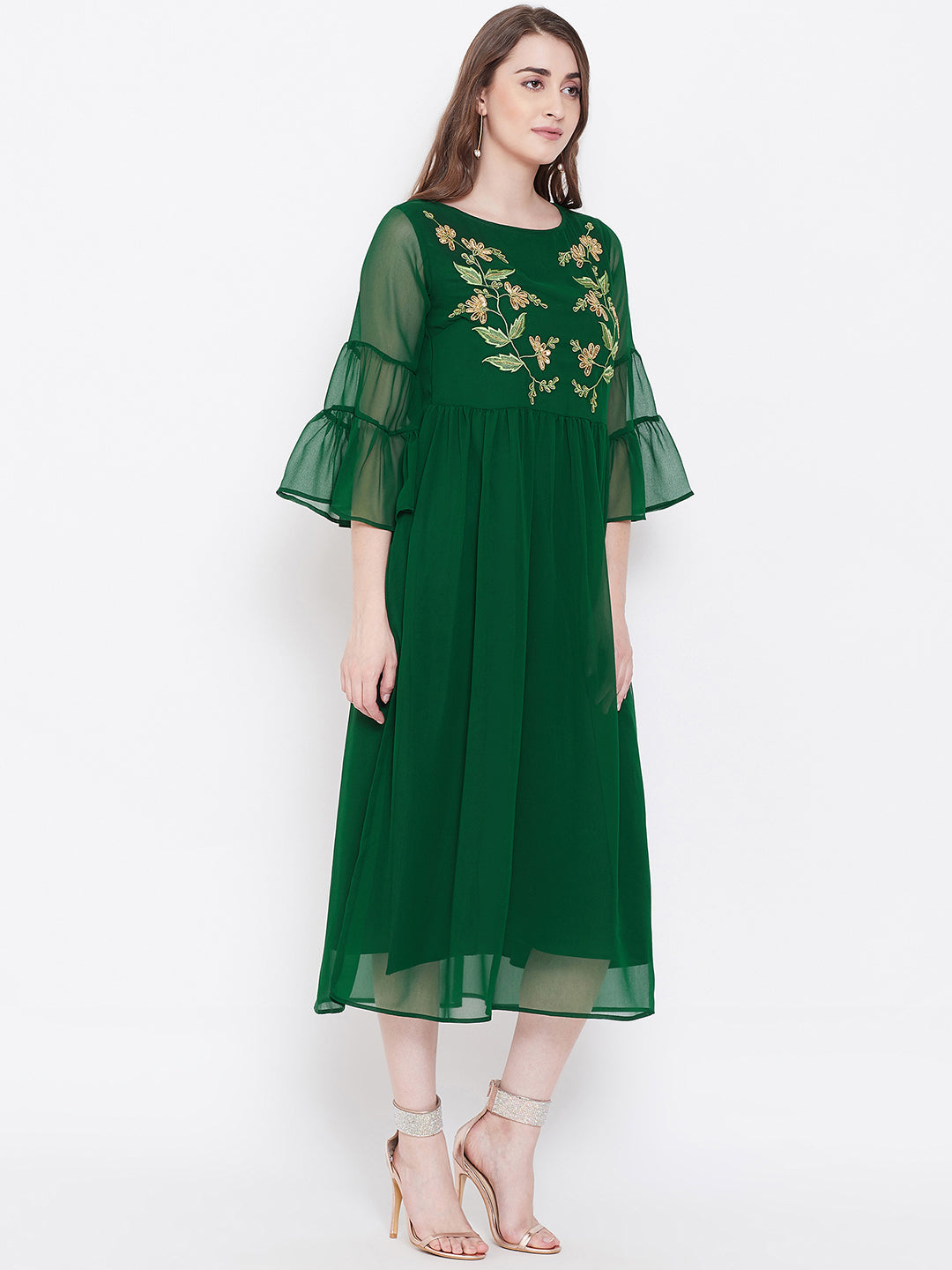 Green Hand Sequinced Gather Dress( Sku- BLJM9921).