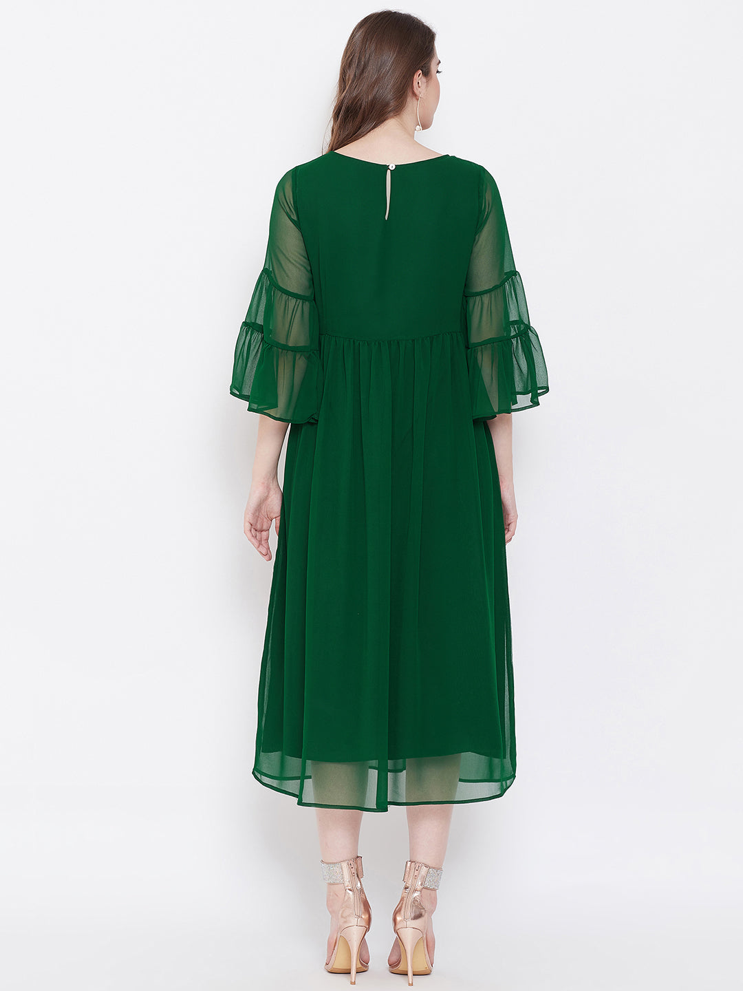 Green Hand Sequinced Gather Dress( Sku- BLJM9921).