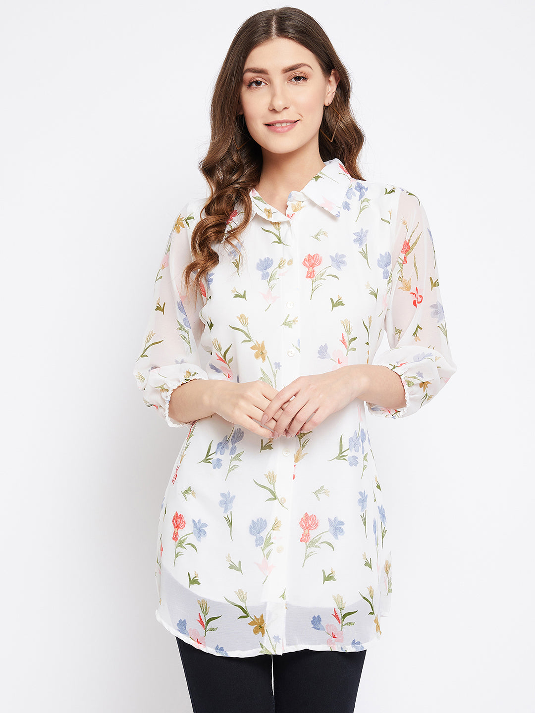 Printed Shirt Collar Georgette Tunic