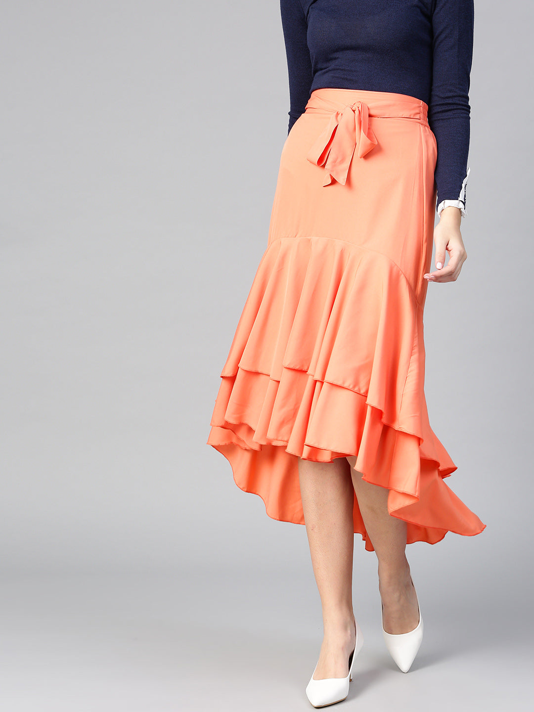 Coral Long Ruffle High Low Skirt (Sku-BLMG12802).