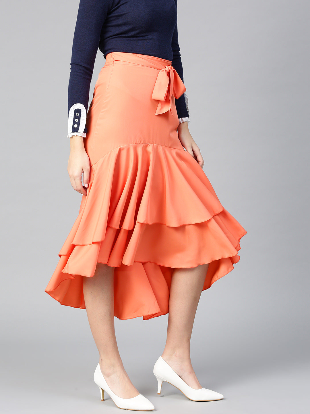 Coral Long Ruffle High Low Skirt (Sku-BLMG12802).