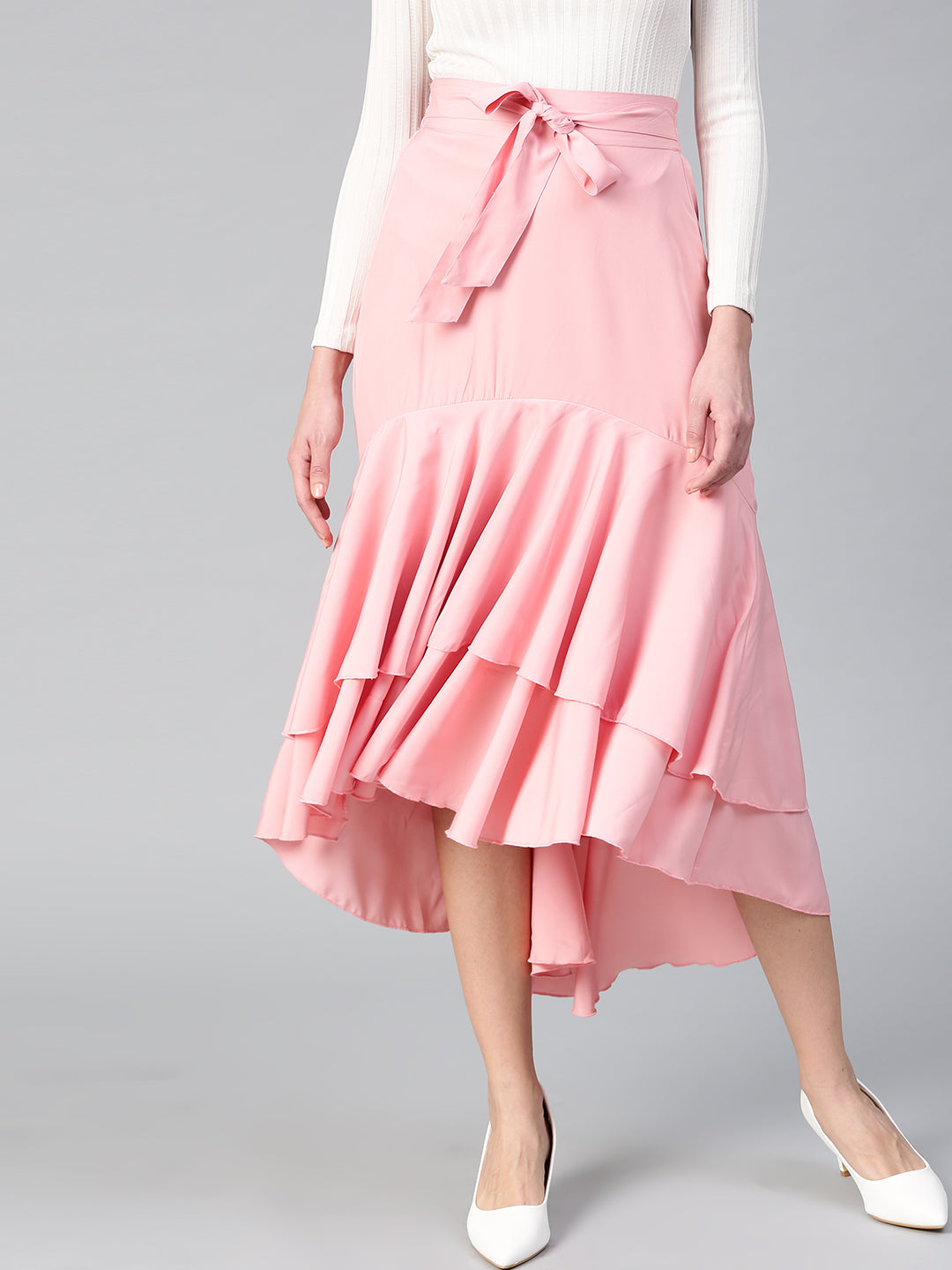 Peach Long Ruffle High Low Skirt (Sku-BLMG12803).