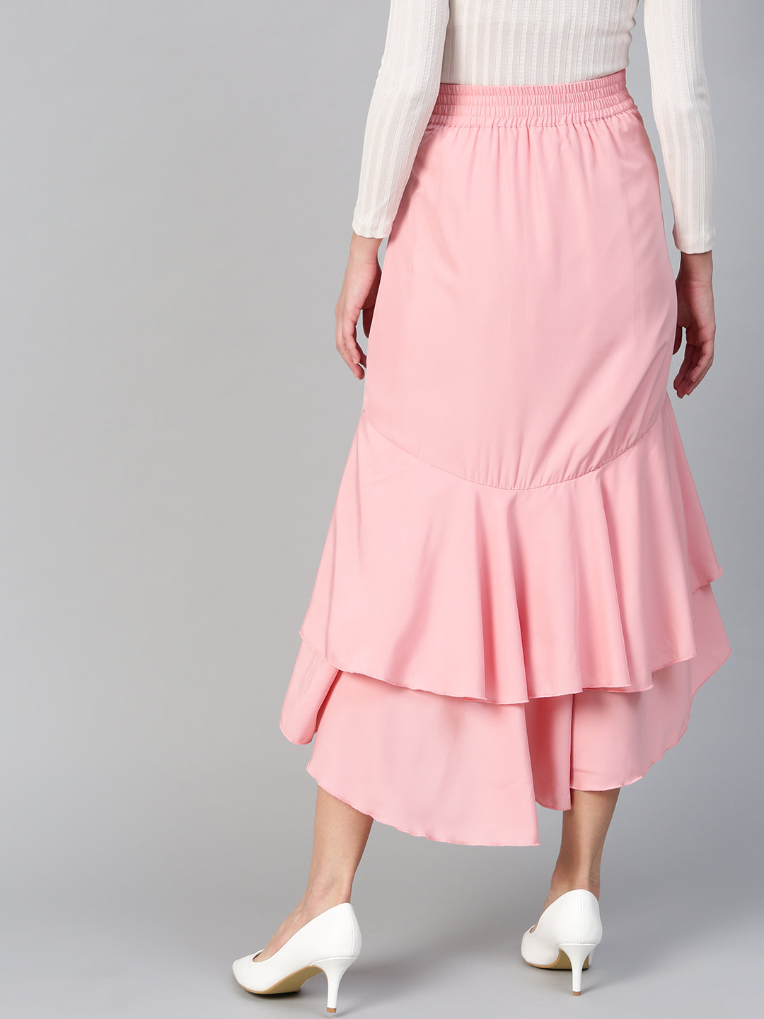 Peach Long Ruffle High Low Skirt (Sku-BLMG12803).