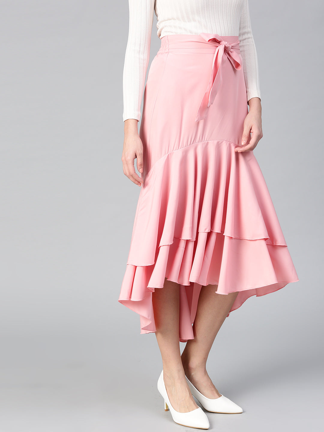 Peach Long Ruffle High Low Skirt (Sku-BLMG12803).