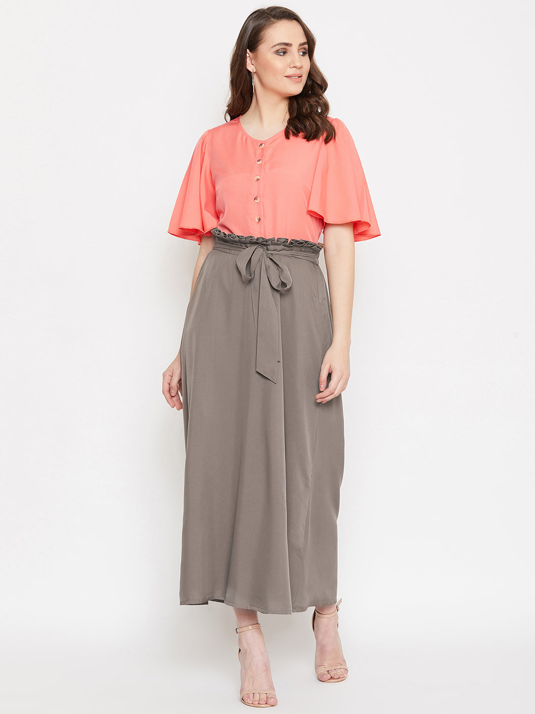 V-Neck Front Button Top & Skirt Set.