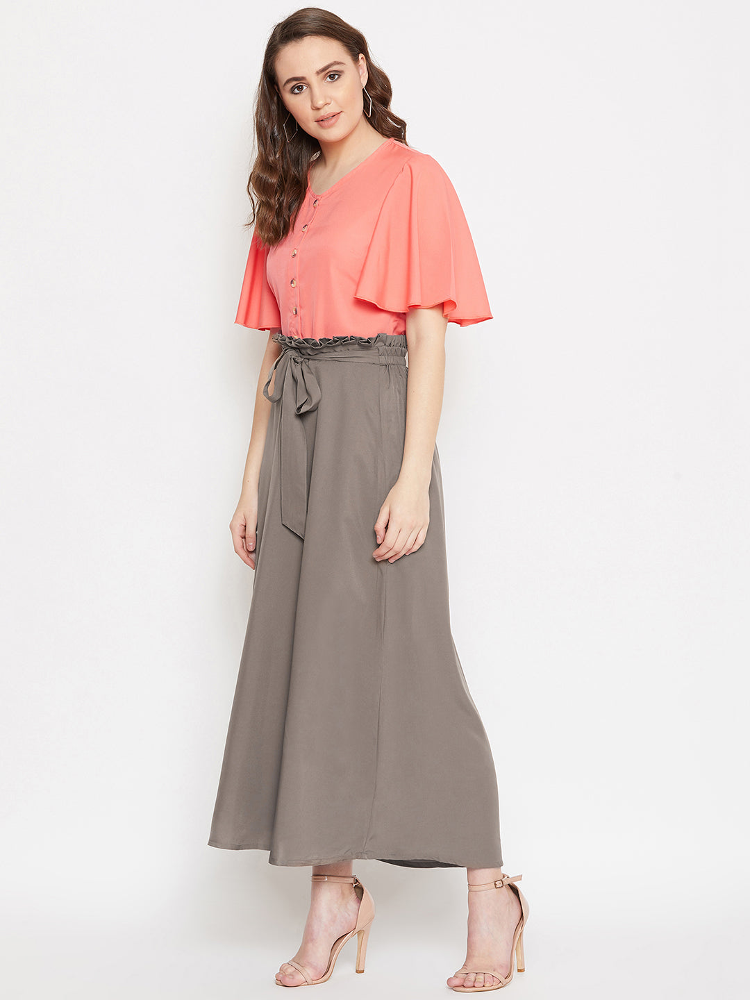 V-Neck Front Button Top & Skirt Set.