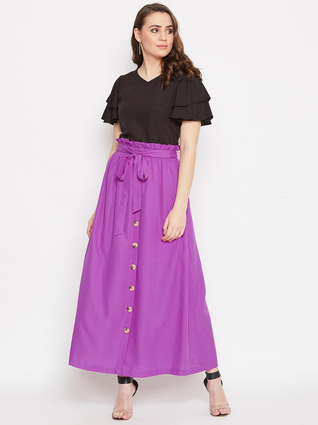 V-Neck Top & Front Button Skirt Set.