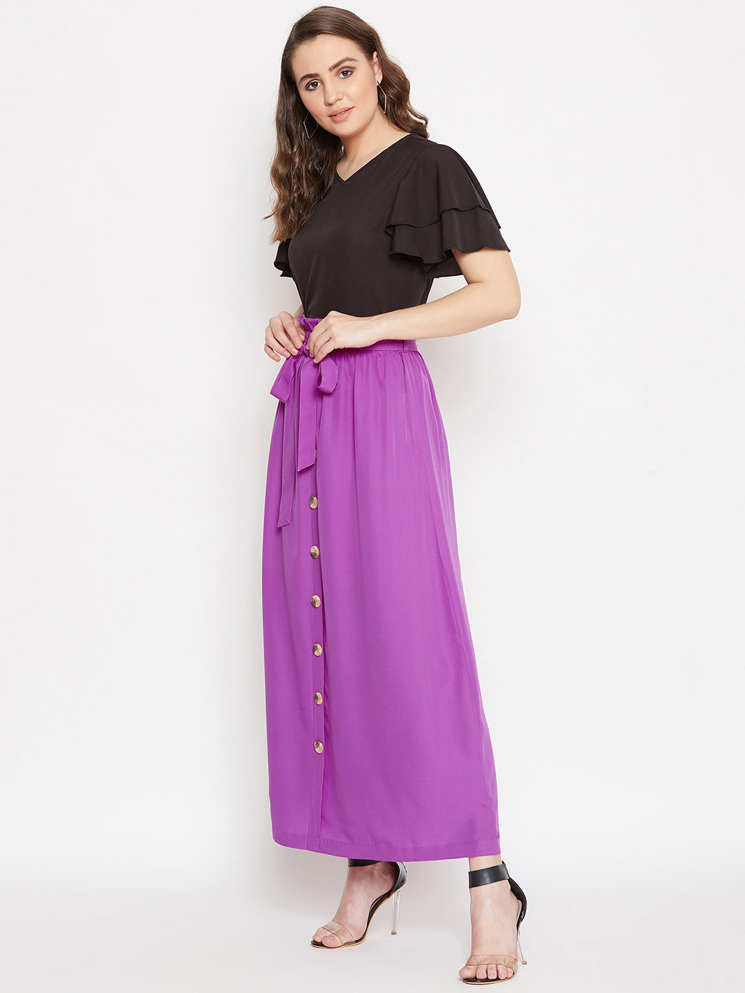 V-Neck Top & Front Button Skirt Set.