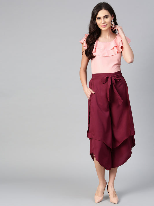 Peach Sleeveless Top & Burgundy Layered Trouser Set (Sku-BLMG7819).