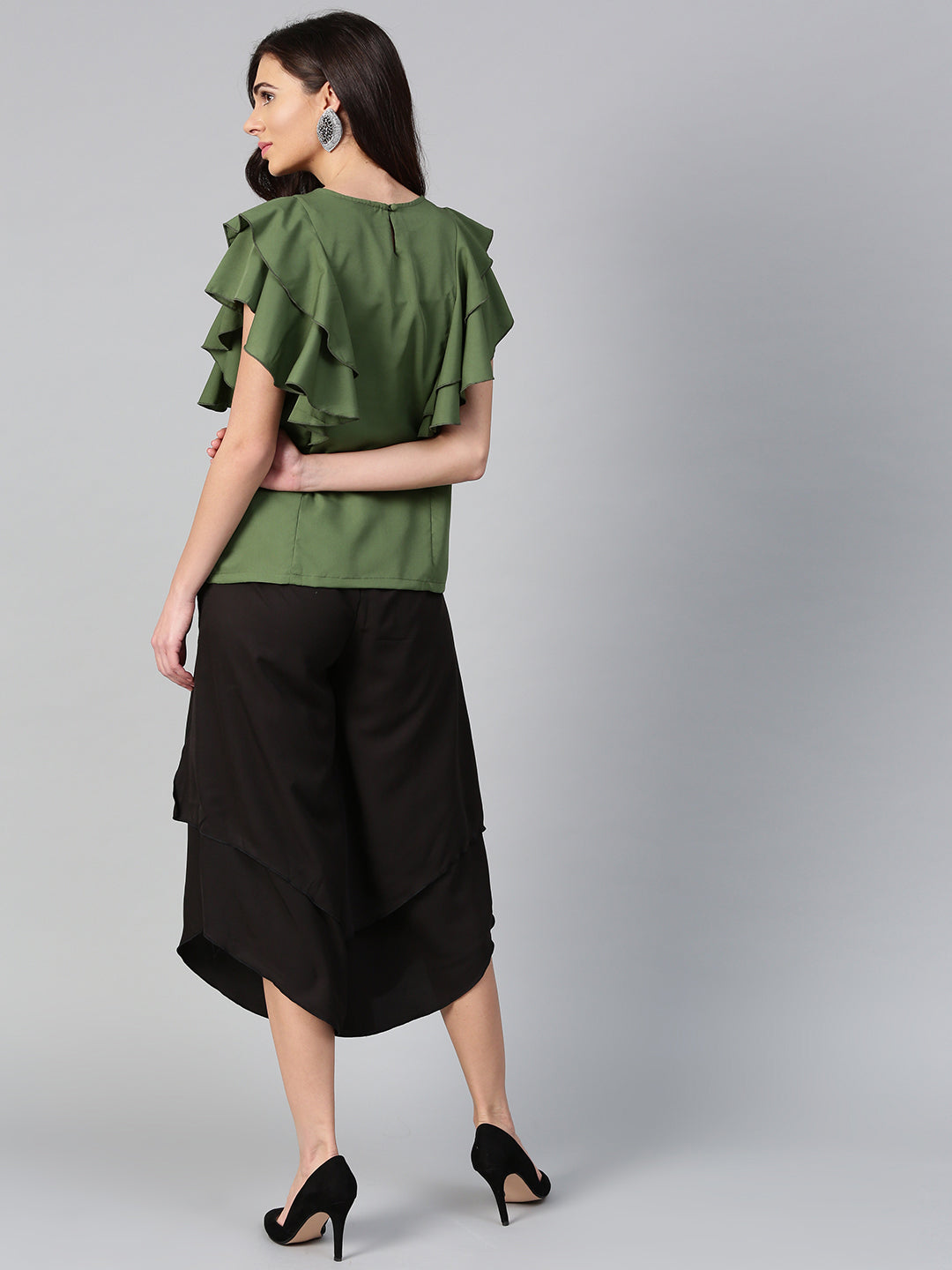 Olive Princess Ruffle Sleeveless Top & Black Layered Trouser Set (Sku-BLMG7822).