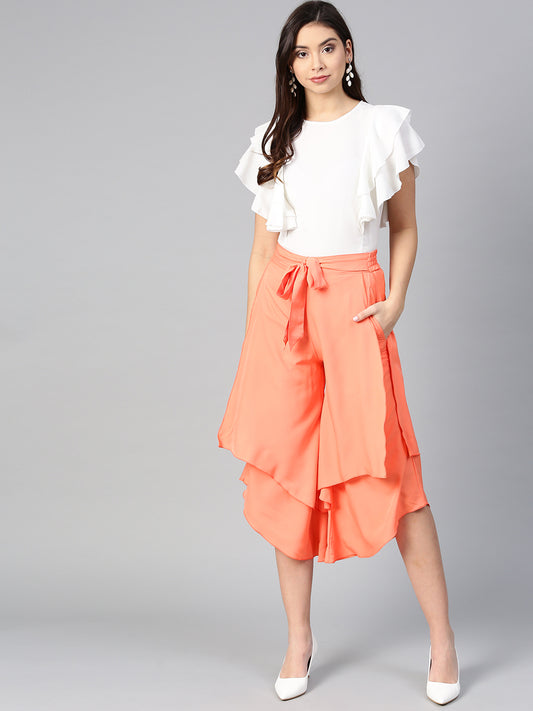 Off White Princess Ruffle Sleeveless Top & Peach Layered Trouser Set (SKU-BLMG7824).